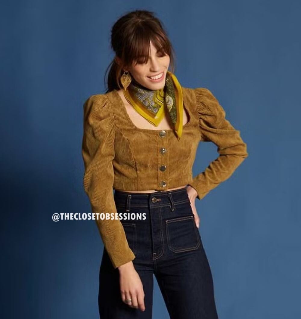 Zara NWT Camel Puff Sleeve Button Front Crop Top M
